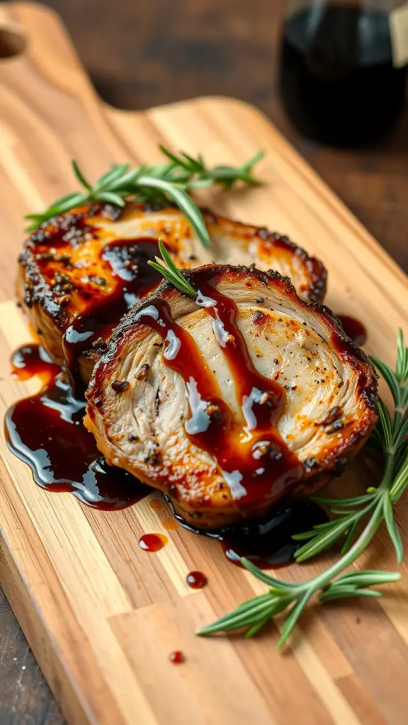 Juicy grilled pork chops drizzled with balsamic glaze on a wooden board