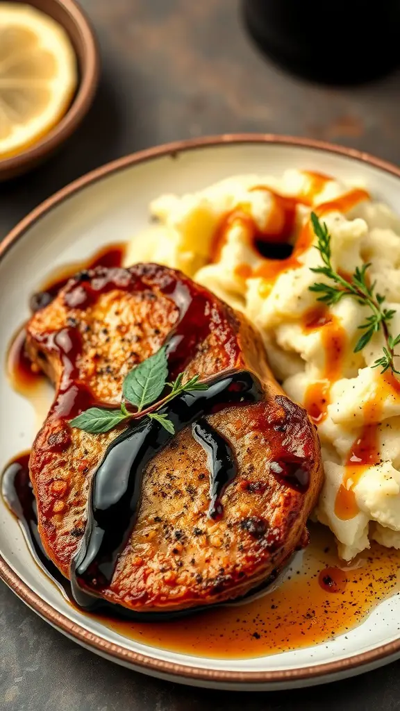 Balsamic glazed pork chops served with mashed potatoes