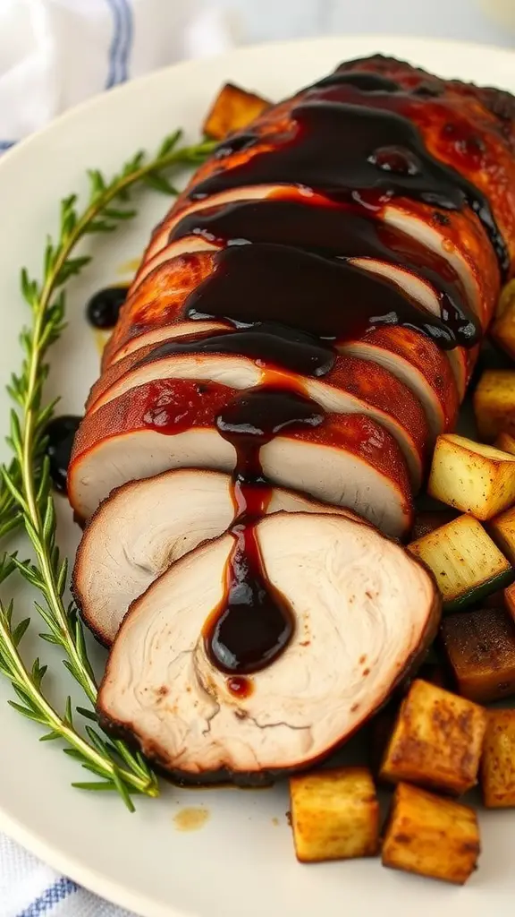 Deliciously sliced balsamic glazed pork loin with rosemary