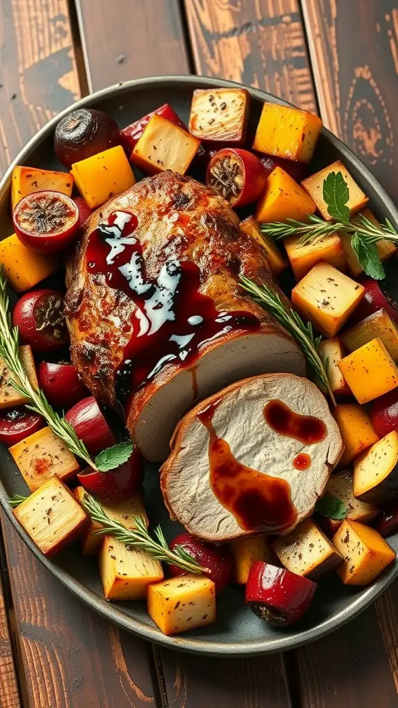 Balsamic glazed pork loin with colorful vegetables
