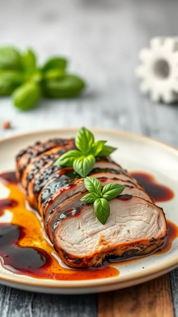 Sliced balsamic glazed pork tenderloin garnished with basil