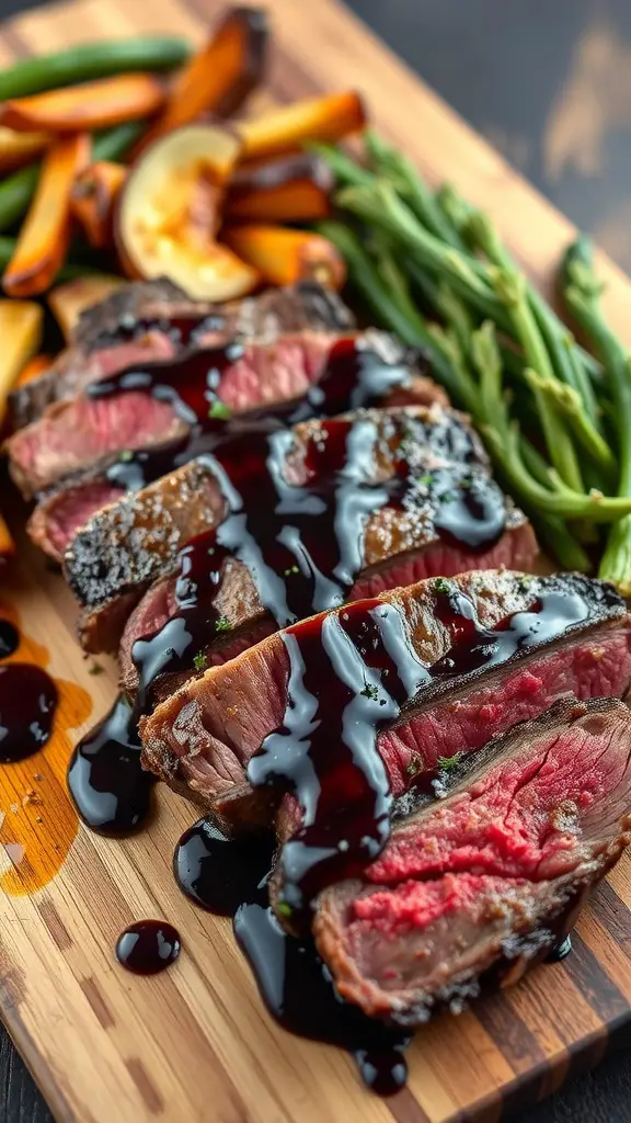A beautifully grilled balsamic glazed sirloin steak served with roasted vegetables.