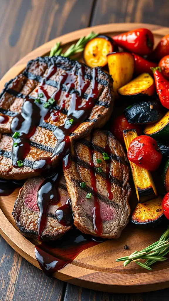 Delicious Balsamic Glazed Sirloin Steak served with grilled vegetables on a wooden plate.