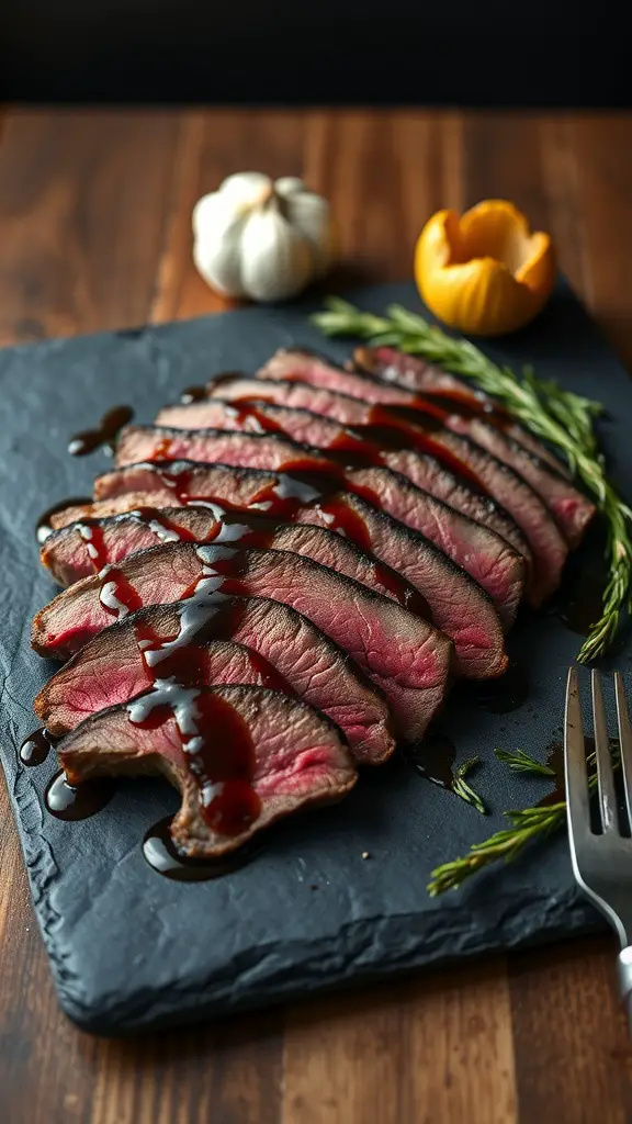 Grilled skirt steak sliced and drizzled with balsamic reduction.