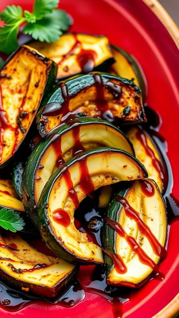 Balsamic roasted zucchini with a drizzle of balsamic reduction and fresh parsley.