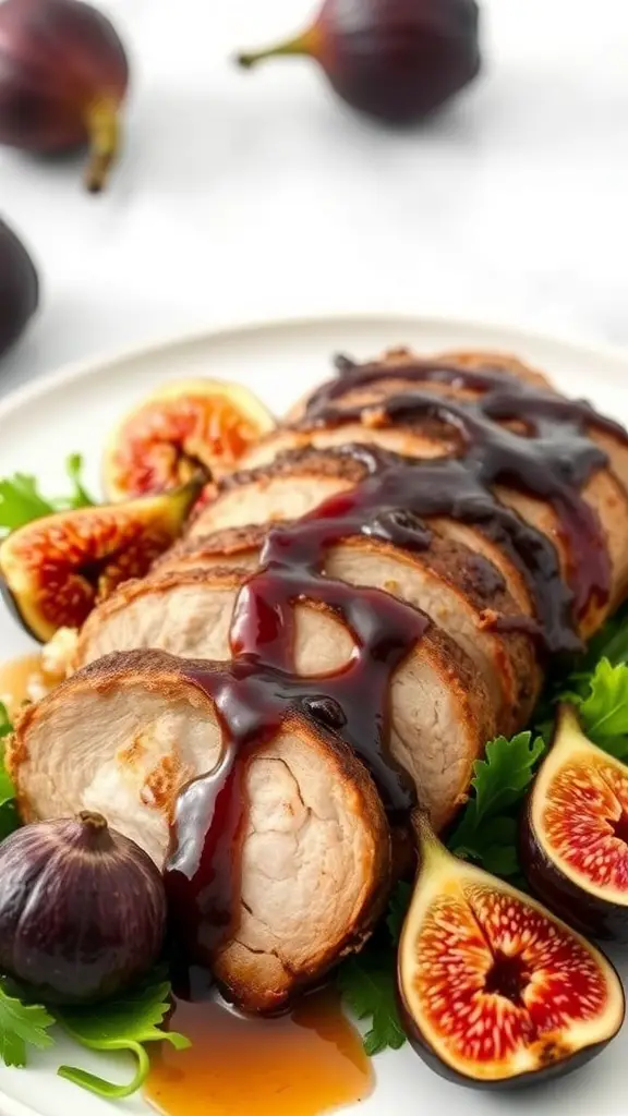 Sliced pork tenderloin with a balsamic fig glaze, garnished with figs and parsley.
