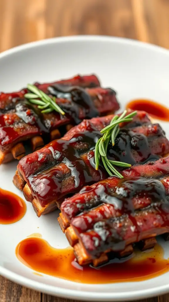 Balsamic vinegar and rosemary glazed ribs on a plate