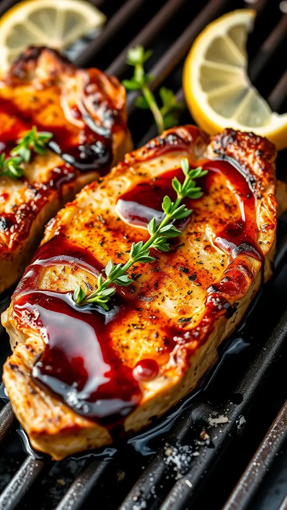 Pork loin chops grilled with balsamic vinegar and thyme.