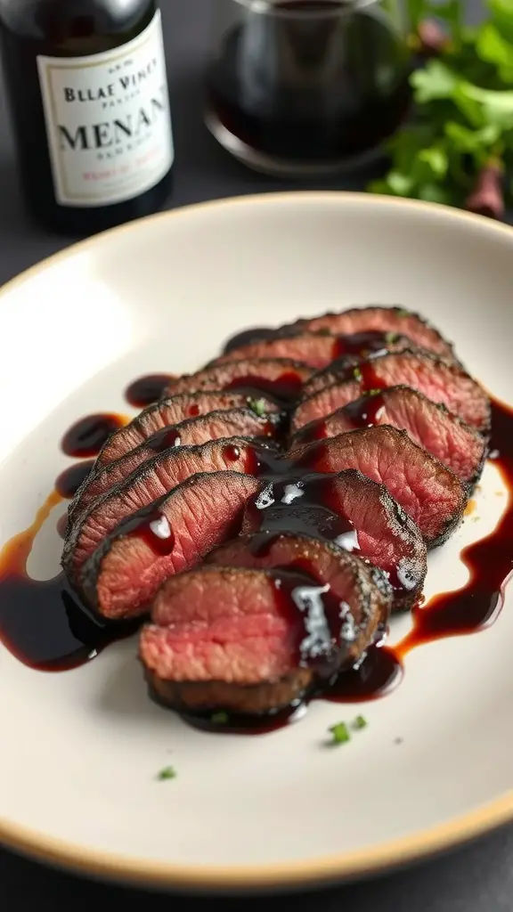Grilled flank steak slices served with balsamic vinegar sauce.