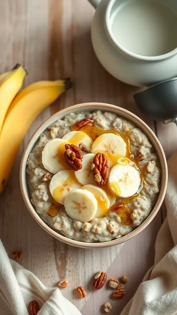 A bowl of banana nut oatmeal topped with sliced bananas, nuts, and honey.