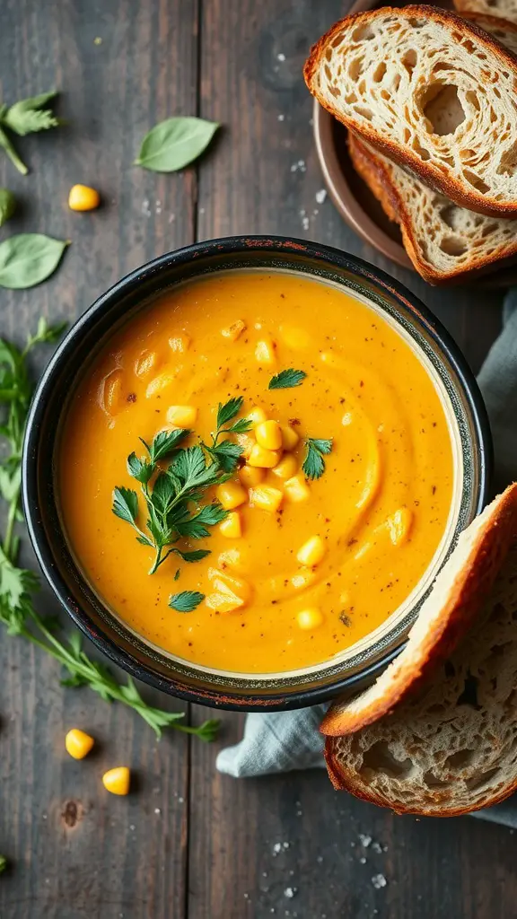 A bowl of creamy corn chowder topped with fresh herbs and served with slices of crusty bread.