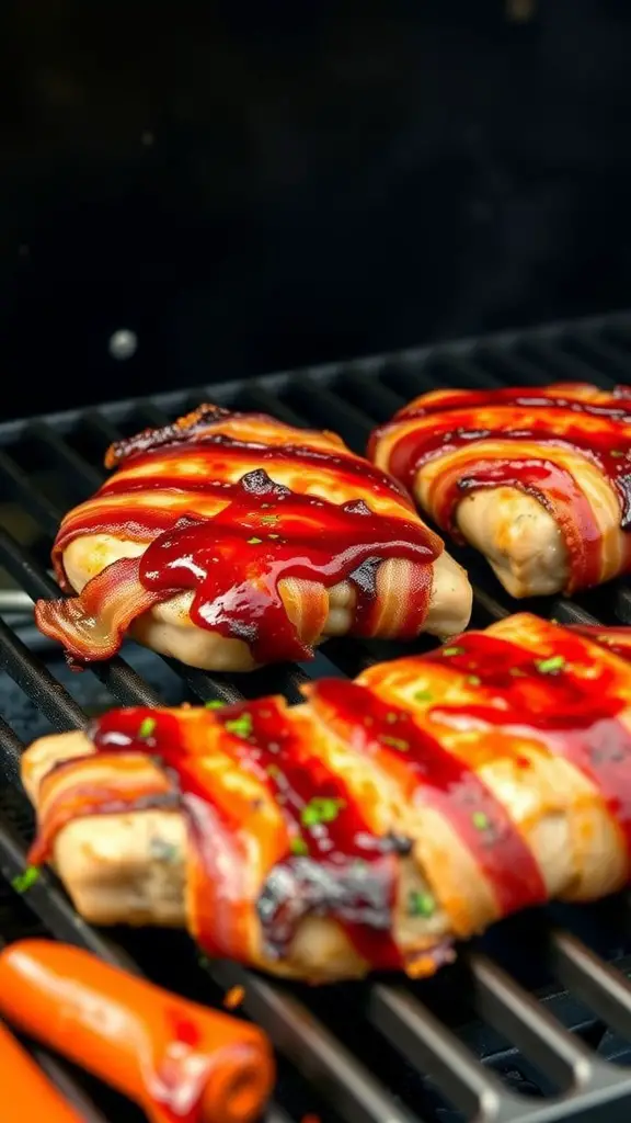 BBQ Bacon-Wrapped Pork Steaks on a grill.
