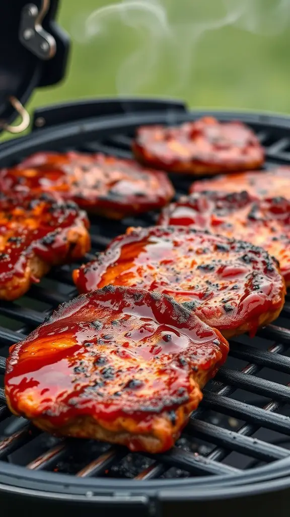 Grilled BBQ boneless pork chops on a grill