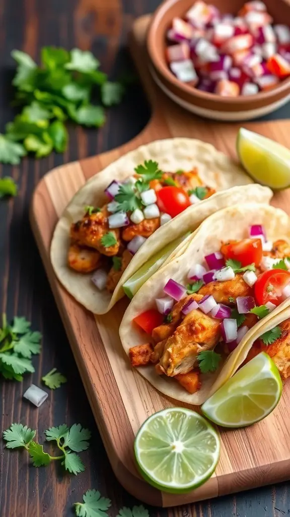 Delicious BBQ chicken breast tacos with fresh toppings and lime wedges on a wooden serving board.