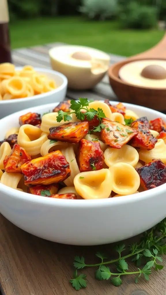 A bowl of BBQ Chicken Pasta Salad with colorful ingredients.