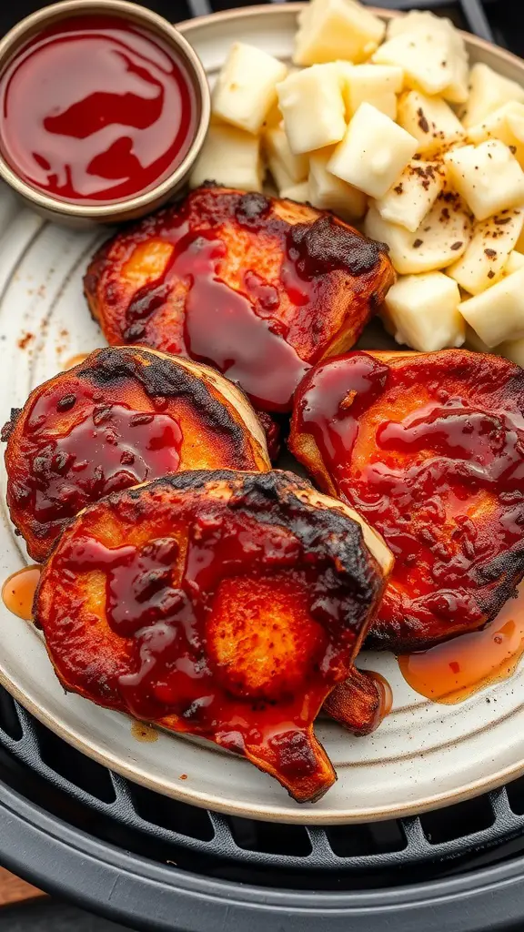 BBQ glazed pork chops served with a side of potatoes.