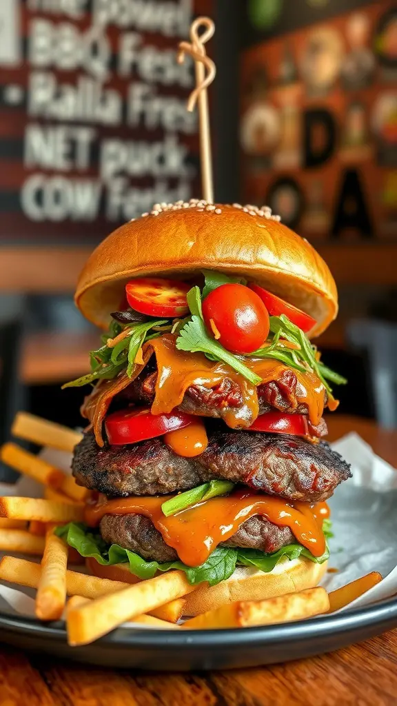 A delicious BBQ pork belly burger layered with fresh ingredients and topped with BBQ sauce.