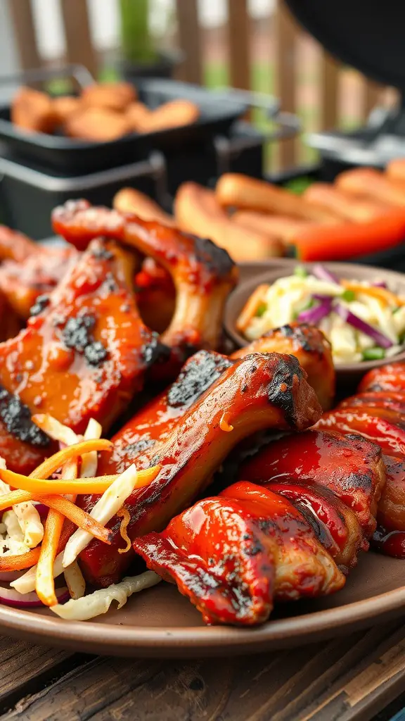 A plate of BBQ pork chops with coleslaw, ready to be enjoyed.