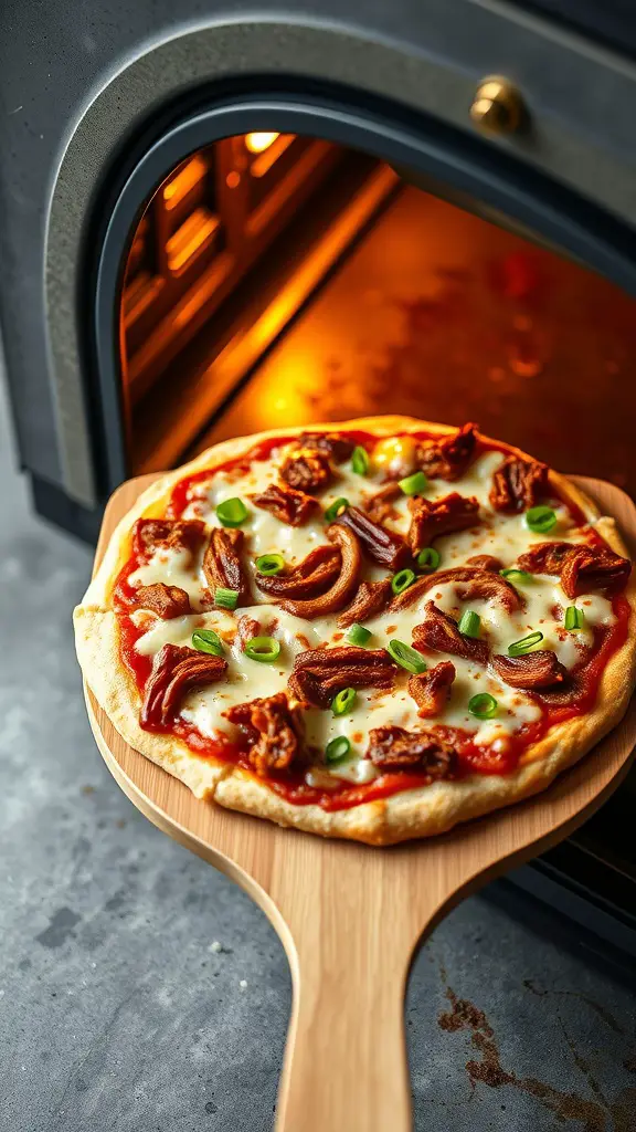 BBQ pulled pork pizza on a wooden pizza peel