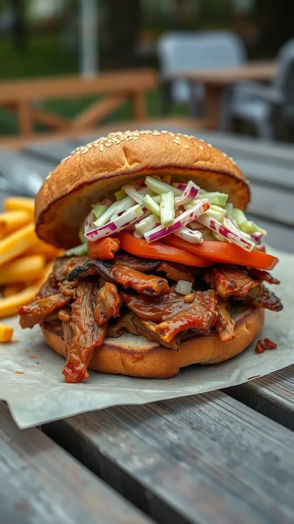 BBQ pulled pork sandwich with coleslaw on a wooden table.