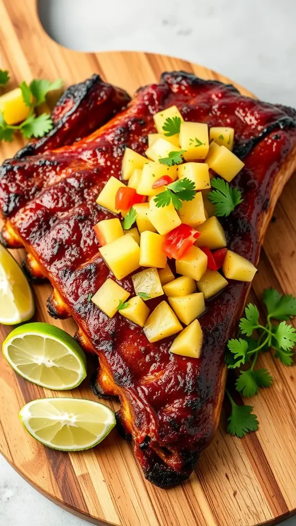 BBQ ribs with pineapple salsa on a wooden platter, garnished with lime and cilantro