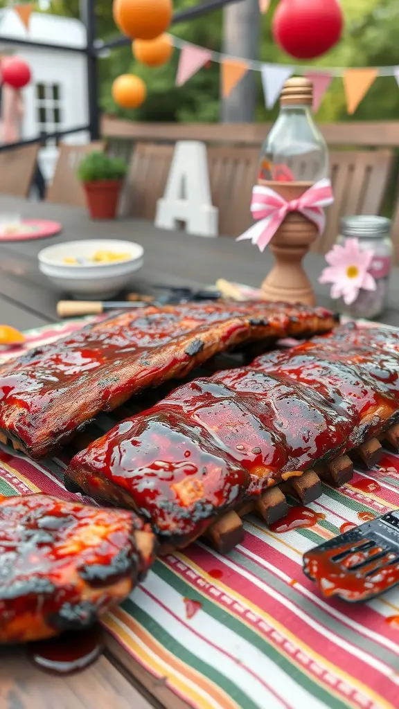 Delicious BBQ ribs with smoky sauce on a colorful outdoor table setting