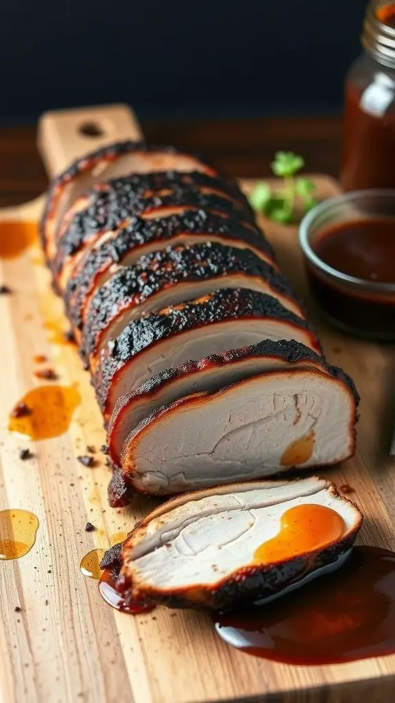 BBQ rubbed grilled pork loin sliced on a wooden board