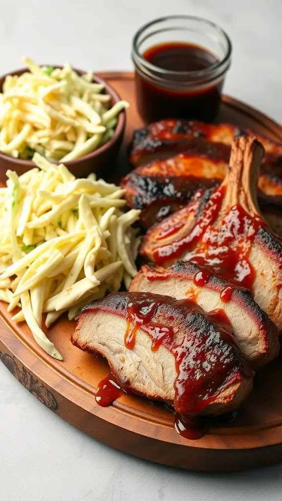 BBQ Smoked Pork Chops served with coleslaw and BBQ sauce