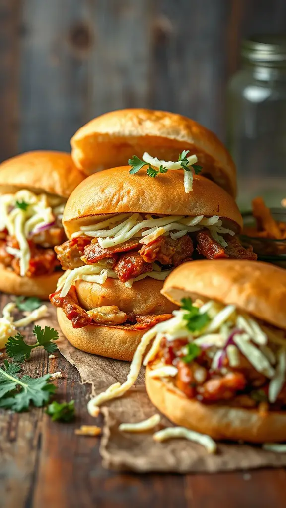 BBQ turkey and slaw sandwiches stacked on a wooden table