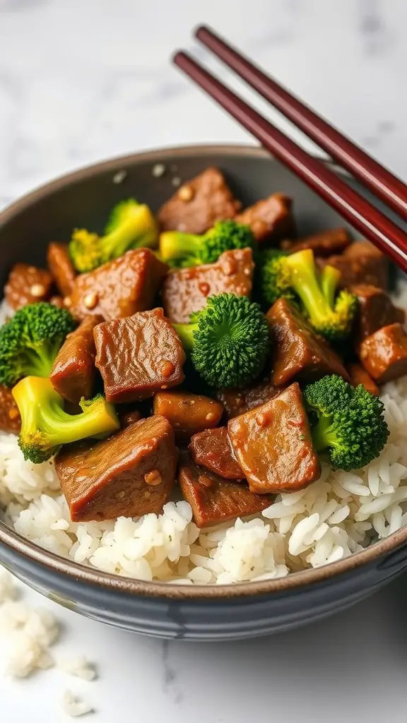 A bowl of beef and broccoli stir-fry with white rice.