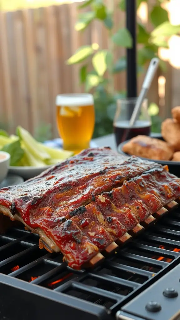 Delicious barbecue ribs glazed with sauce, ready to be served with a refreshing drink.