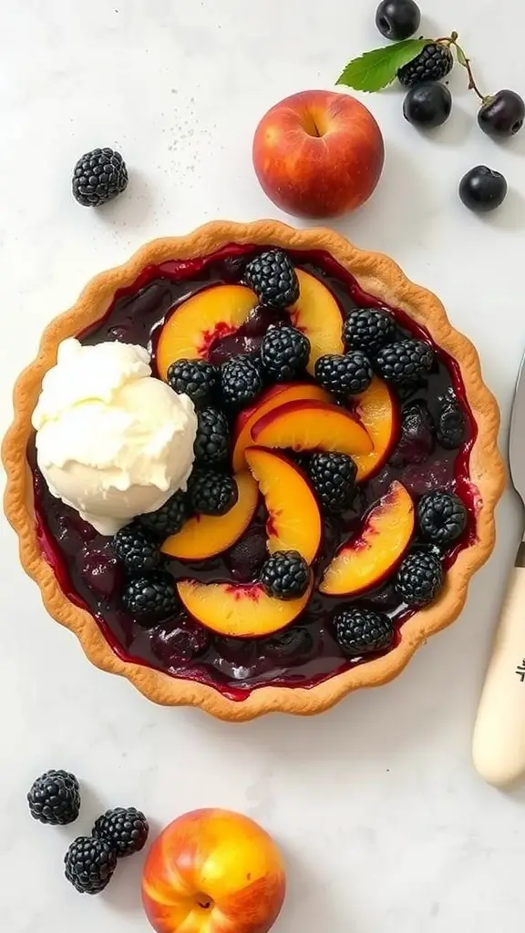 A delicious slice of blackberry peach pie topped with ice cream.