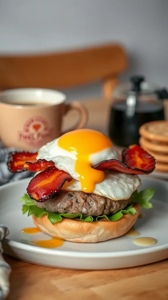 A delicious breakfast burger with a fried egg and bacon