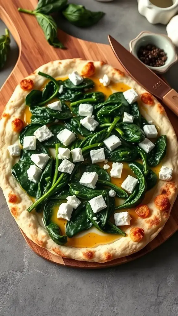 A deliciously prepared breakfast flatbread topped with spinach and feta cheese, ready to serve.
