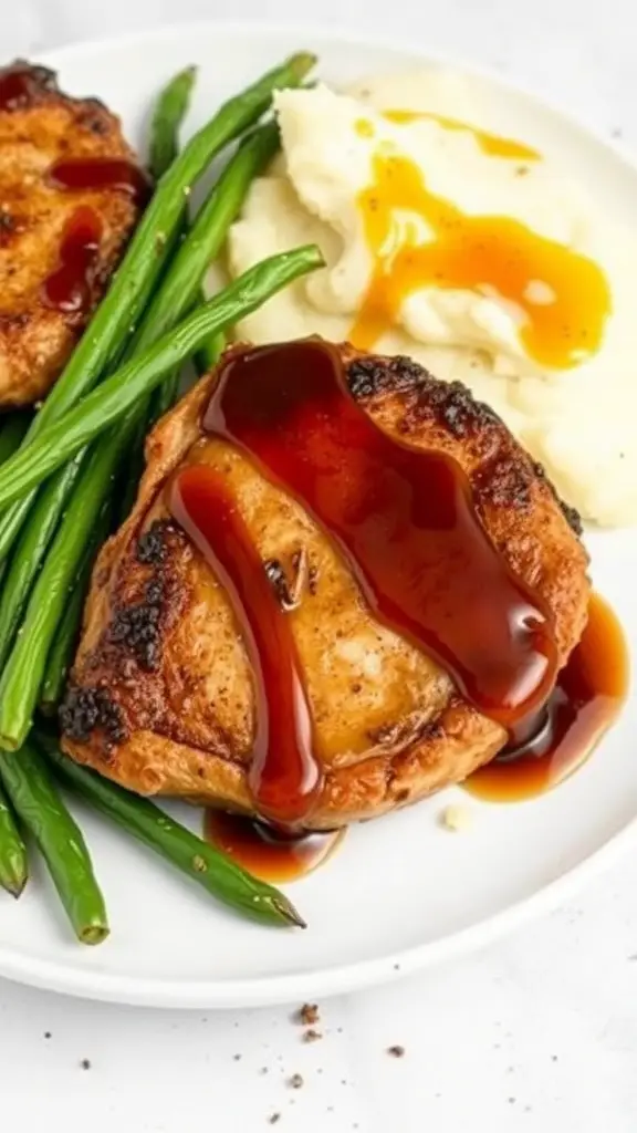 Delicious brown sugar bourbon pork chops served with green beans and mashed potatoes