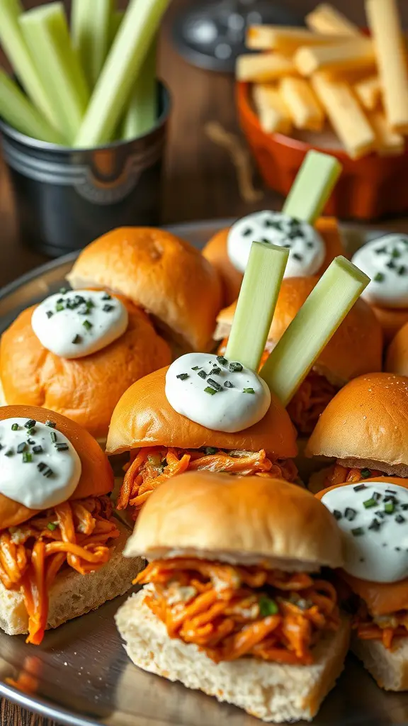 Buffalo-Style Pulled Pork Sliders on a platter with celery sticks