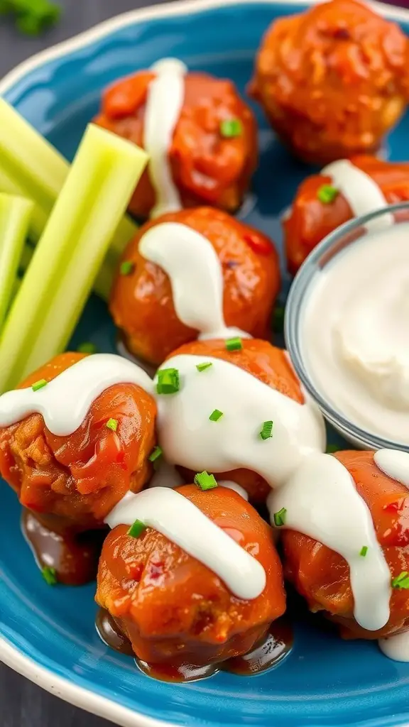 Buffalo BBQ meatballs served with celery sticks and ranch dressing