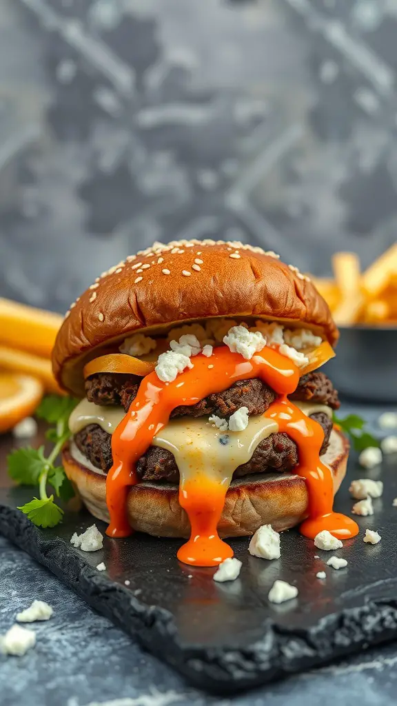 A delicious Buffalo Blue Cheese Burger with vibrant toppings and sauces.