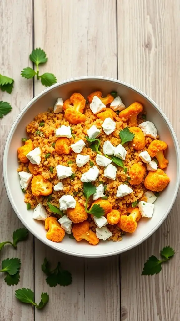 A bowl of Buffalo Cauliflower Quinoa Salad with vibrant colors and fresh ingredients.