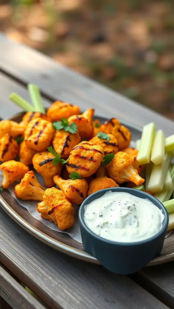 Buffalo cauliflower with blue cheese dip served on a platter with celery sticks.