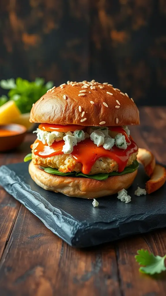 Buffalo chicken burger with toppings