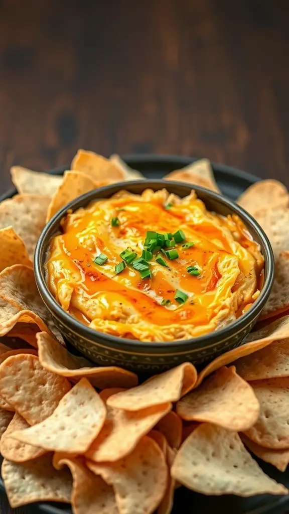 A bowl of buffalo chicken dip surrounded by tortilla chips.