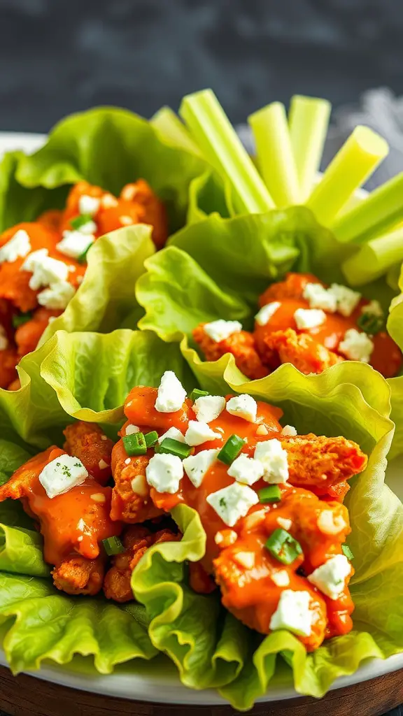 Buffalo Chicken Lettuce Wraps served on a plate with celery sticks