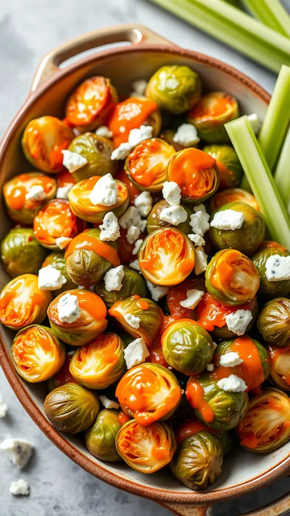 Buffalo Grilled Brussels Sprouts with celery and blue cheese