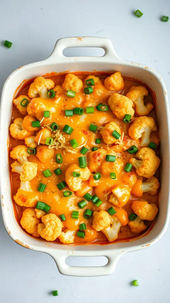 A delicious buffalo quinoa and cauliflower casserole topped with green onions.