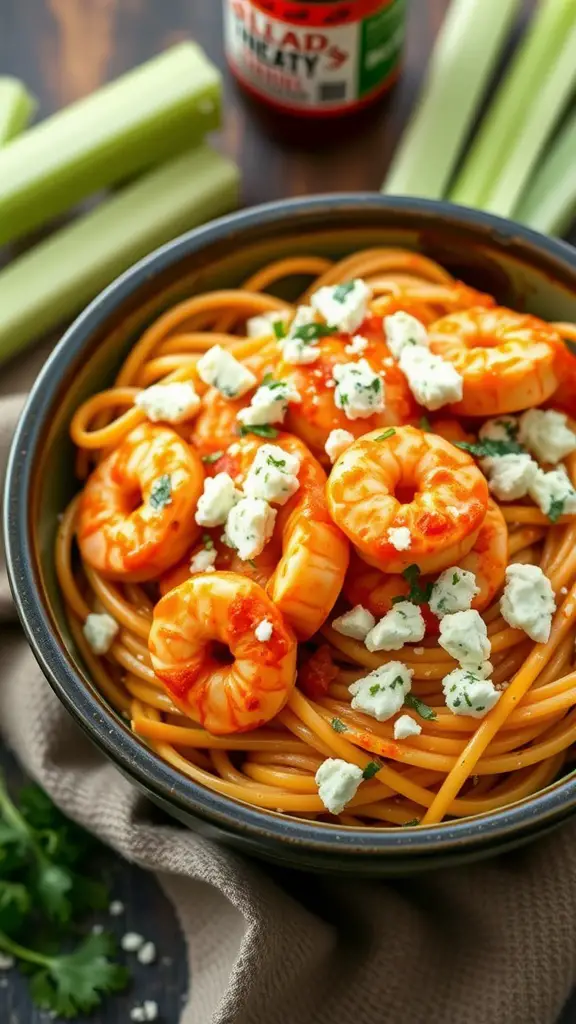 Buffalo shrimp pasta with blue cheese and garnishes.