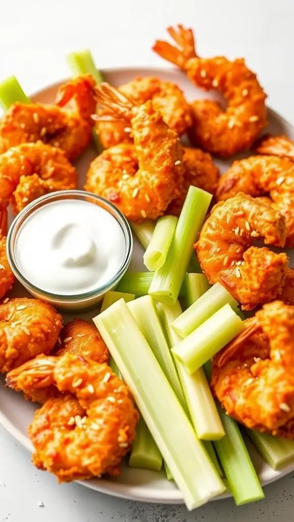 Buffalo shrimp served with celery sticks and dipping sauce.