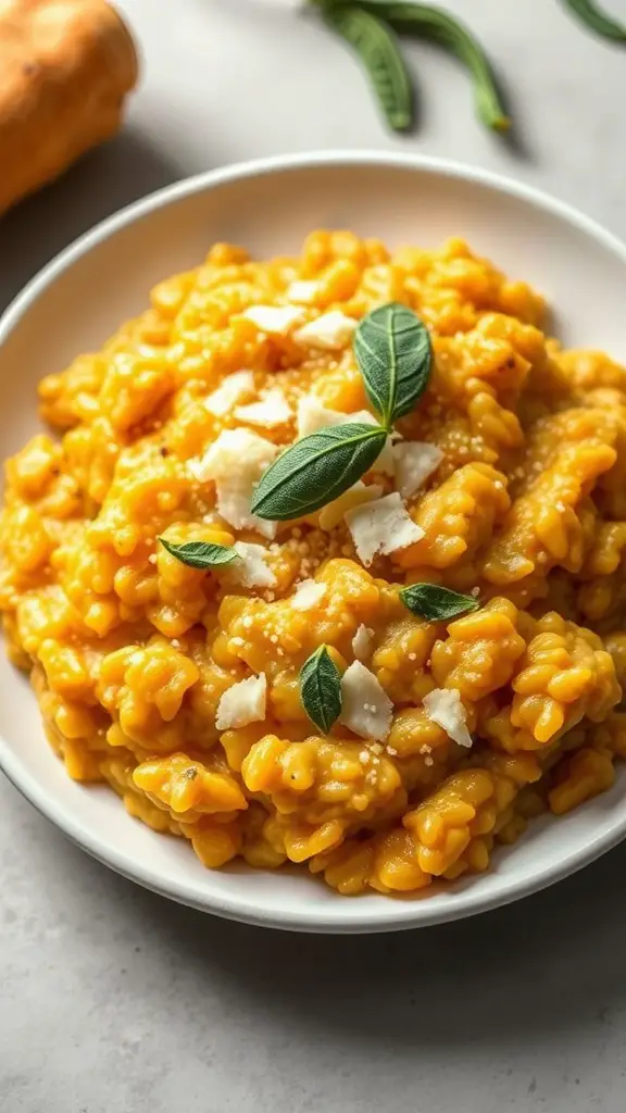 A bowl of creamy butternut squash risotto garnished with fresh herbs and cheese.