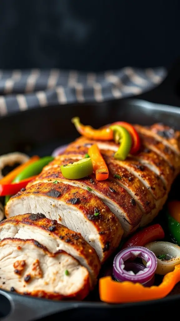 A beautifully grilled pork tenderloin seasoned with Cajun spices, served with colorful peppers.
