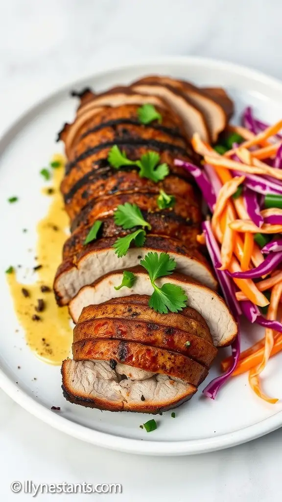 Cajun-spiced grilled pork tenderloin sliced and garnished with herbs